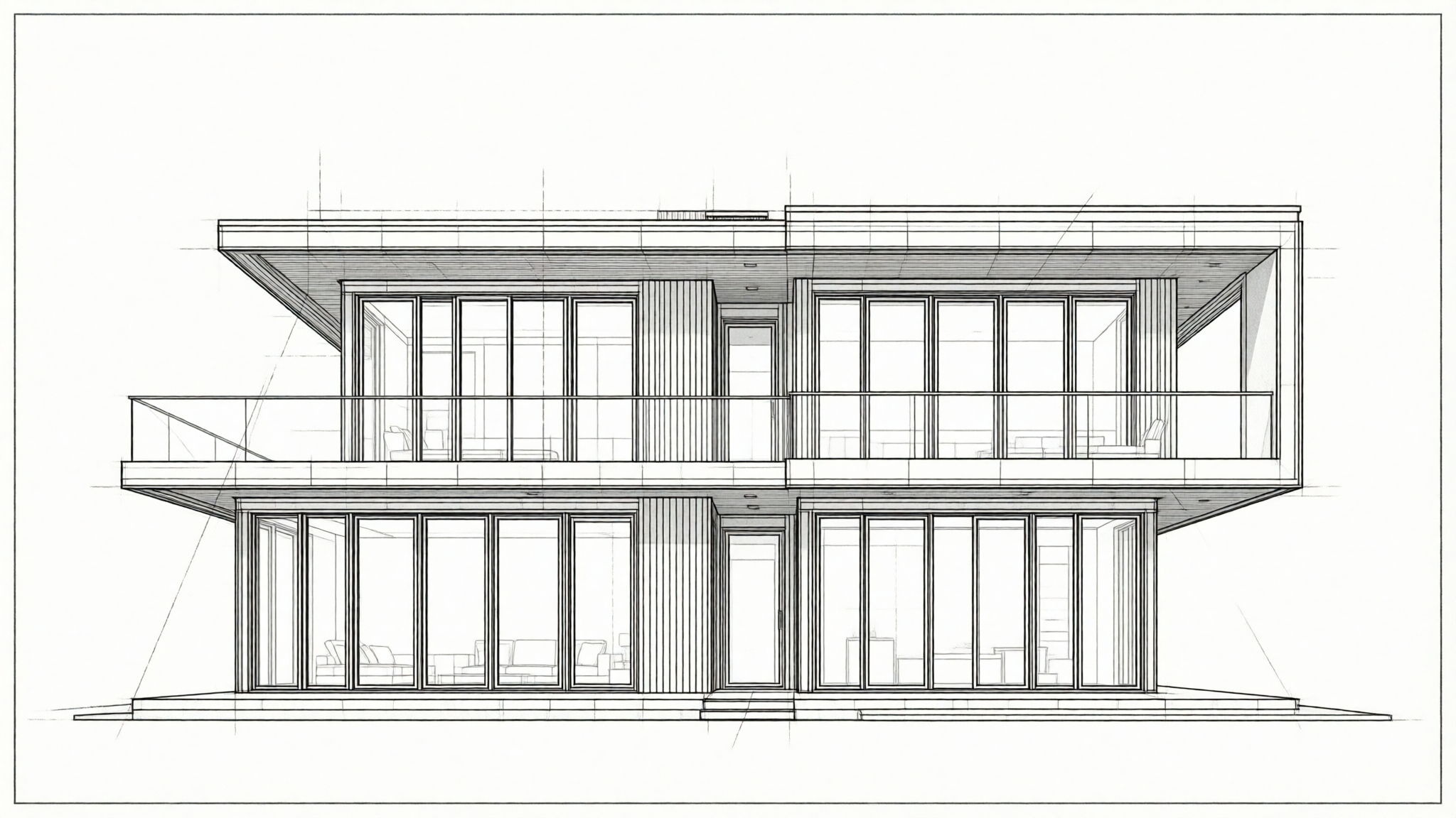 Monochrome CAD drawing of a contemporary two-story house with a flat roof, cantilevered upper volume, and large glass panels.