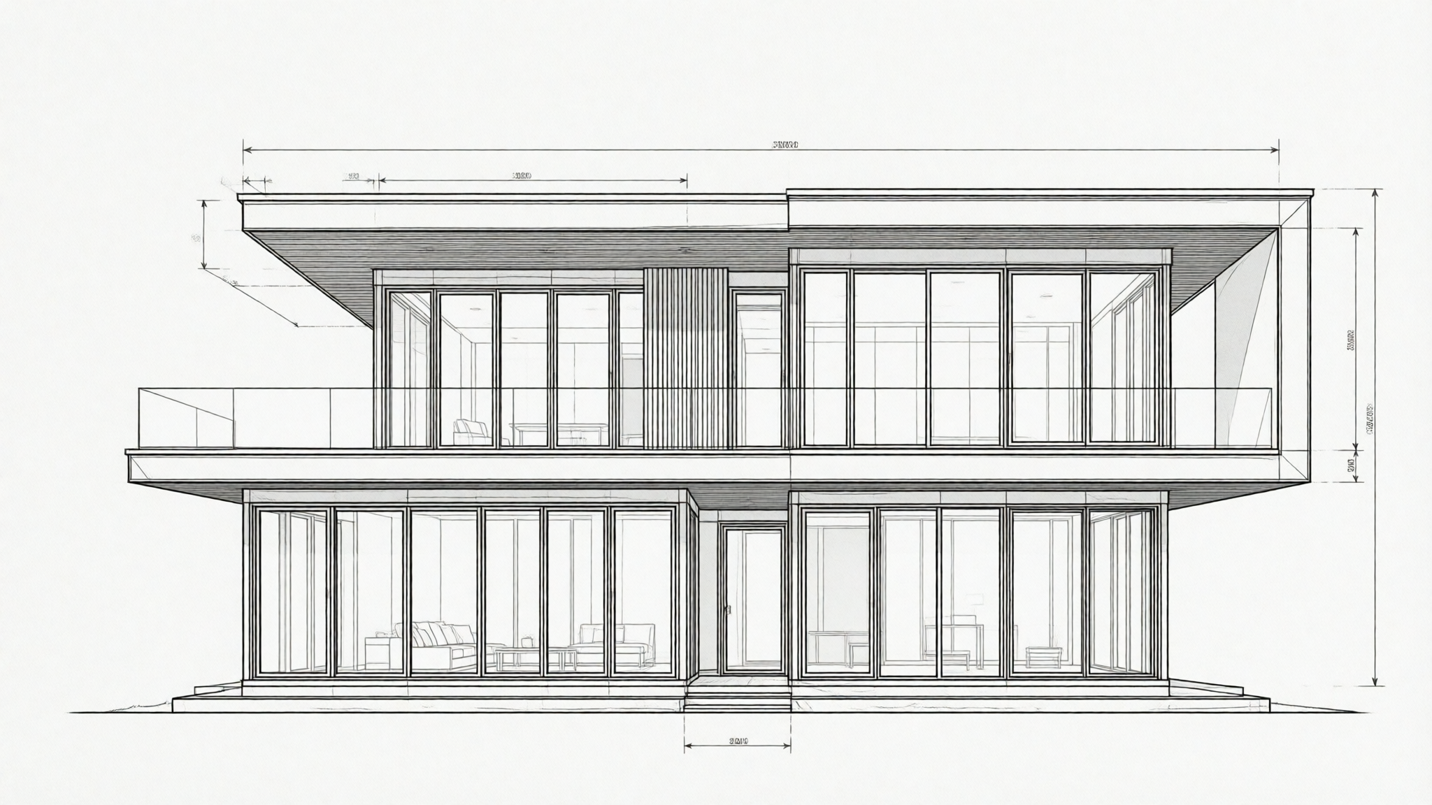 A monochrome architectural CAD drawing of a contemporary two-story house with a flat roof, large glass panels, and a cantilevered upper volume.