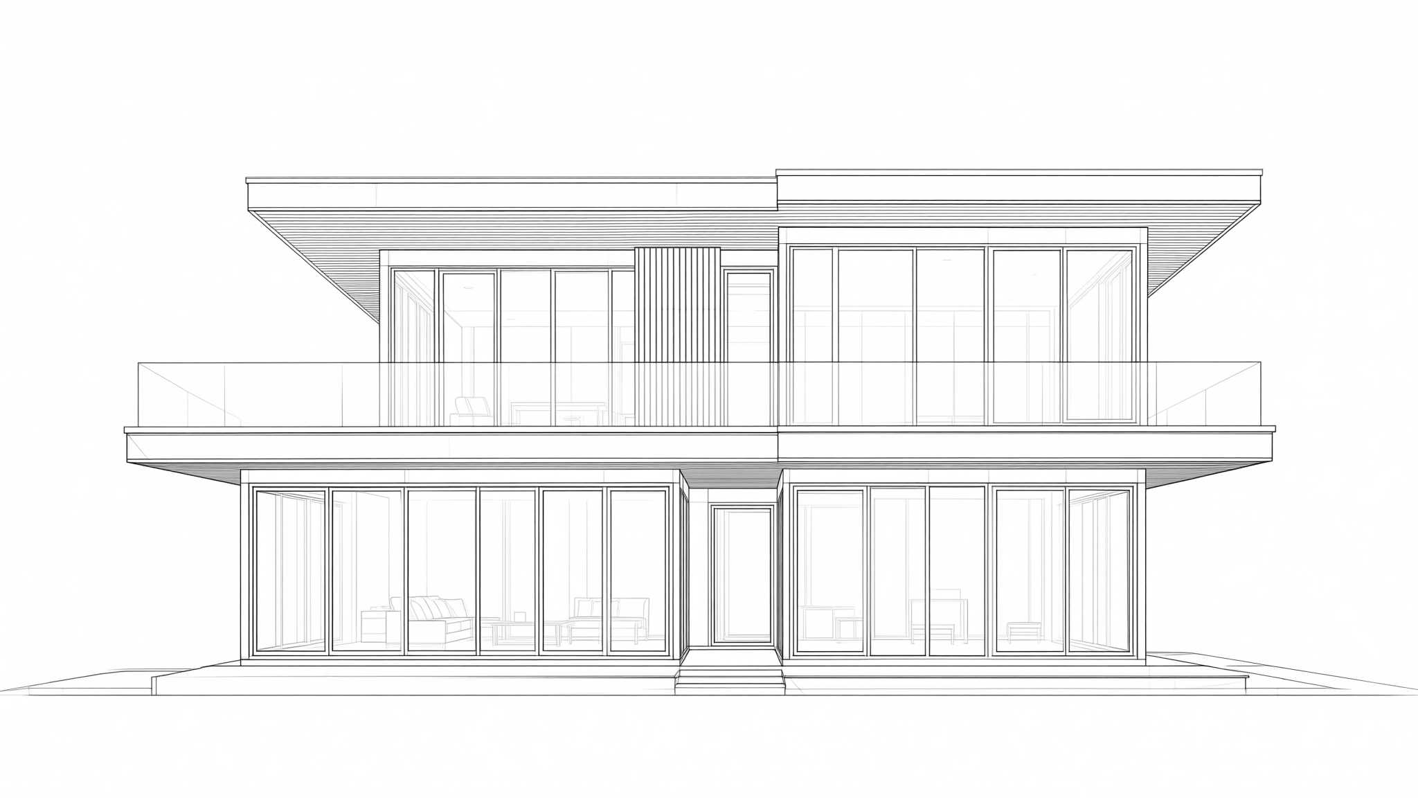 A monochrome architectural line drawing of a two-story modern house with large windows and a flat roof, presented as a front elevation.