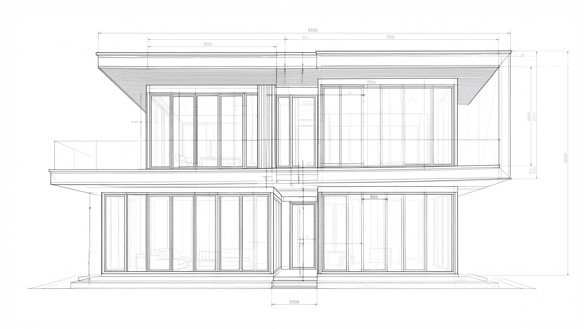Monochrome architectural CAD drawing of a two-story contemporary house with a flat roof and large windows, presented as a front elevation.
