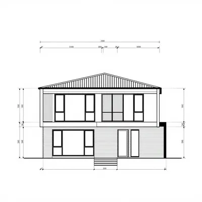 Monochrome CAD drawing of a contemporary two-story house front elevation with a gabled roof, large windows, and dimension annotations.