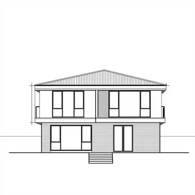 Monochrome architectural CAD drawing of a two-story contemporary house front elevation with a gabled roof, large windows, and horizontal siding.