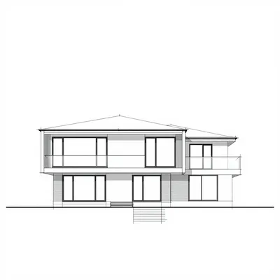A monochrome architectural CAD drawing of a contemporary two-story house, showing the front elevation with large windows and a cantilevered upper section.