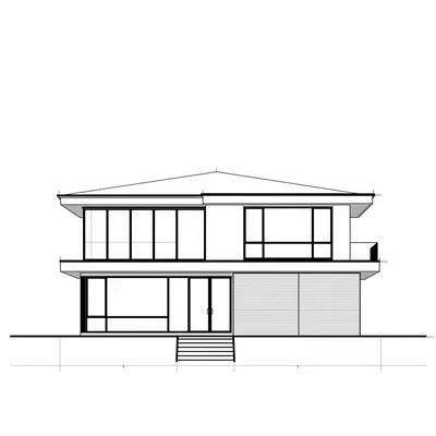 Monochrome CAD drawing of a contemporary two-story house with a flat roof, cantilevered upper volume, and large windows, presented as a front elevation.