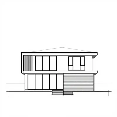 A black and white architectural CAD drawing of the front elevation of a two-story contemporary house.