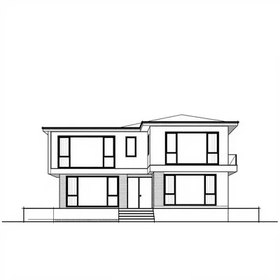 A monochrome architectural CAD drawing of a contemporary two-story house with a flat roof and large windows, presented as a front elevation.