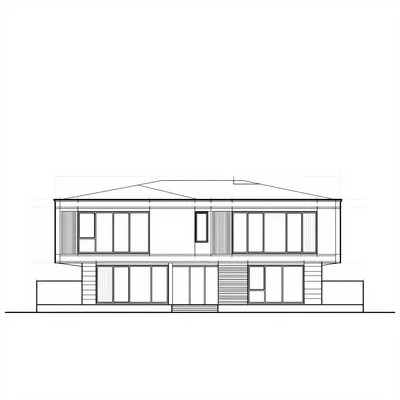 Monochrome CAD drawing of a two-story contemporary house front elevation with a flat roof and large windows.