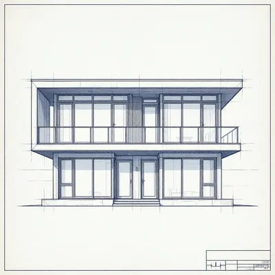 Monochrome architectural CAD drawing of a two-story contemporary house with a flat roof and large windows, presented as a front elevation.