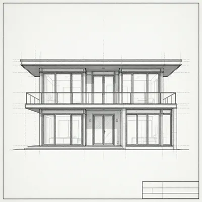 A monochrome architectural CAD drawing of a contemporary two-story house, front elevation, with a flat roof and large windows.