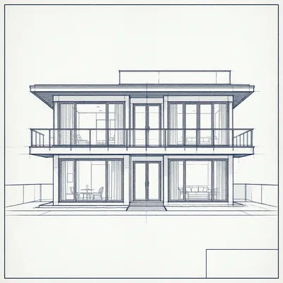 A monochrome architectural CAD drawing of a two-story modern house with a flat roof and large windows, presented as a front elevation.