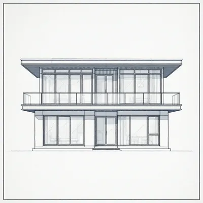 A monochrome architectural CAD drawing of a two-story contemporary house with a flat roof and large windows.