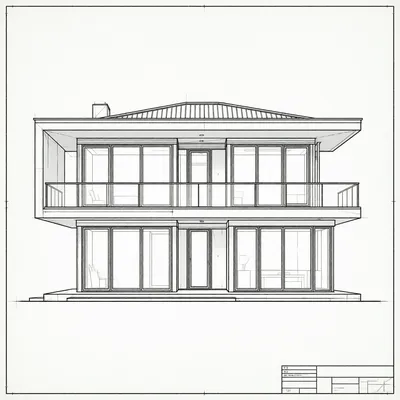 A monochrome architectural CAD drawing of a contemporary two-story house with a flat roof, large windows, and a cantilevered upper volume.