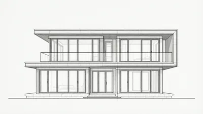 A monochrome CAD drawing of a two-story contemporary house with large windows and a cantilevered upper floor, presented as a front elevation.