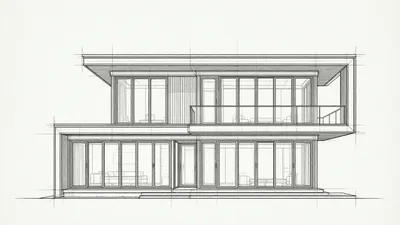 A monochrome CAD drawing of a contemporary two-story house with a flat roof, cantilevered upper volume, and large glass panels.