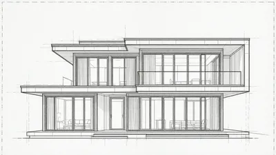 A monochrome architectural CAD drawing of a contemporary two-story house with a flat roof, large glass panels, and a cantilevered upper section.