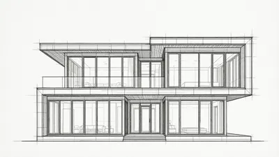 Monochrome architectural CAD drawing of a contemporary two-story house with large windows and a flat roof, rendered in black lines on a white background.