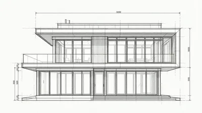 A monochrome architectural CAD drawing of a two-story contemporary house, featuring precise black lines on a white background, with dimensions.