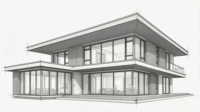 Monochrome architectural CAD drawing of a contemporary two-story house with large windows and a cantilevered upper volume.