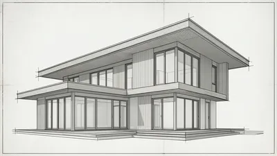 A monochrome architectural CAD drawing of a contemporary two-story house with a flat roof, large windows, and cantilevered upper volume, rendered with precise black lines on a white background.