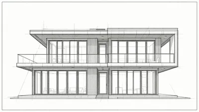 Monochrome CAD drawing of a contemporary two-story house with a flat roof, cantilevered upper volume, and large glass panels.
