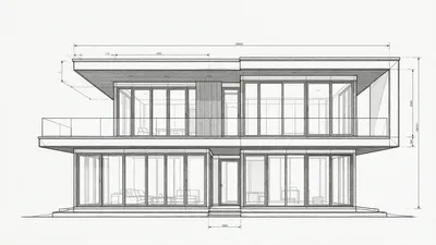 A monochrome architectural CAD drawing of a contemporary two-story house with a flat roof, large glass panels, and a cantilevered upper volume.