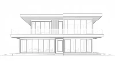A monochrome architectural line drawing of a two-story modern house with large windows and a flat roof, presented as a front elevation.