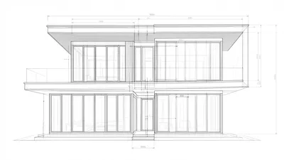 Monochrome architectural CAD drawing of a two-story contemporary house with a flat roof and large windows, presented as a front elevation.