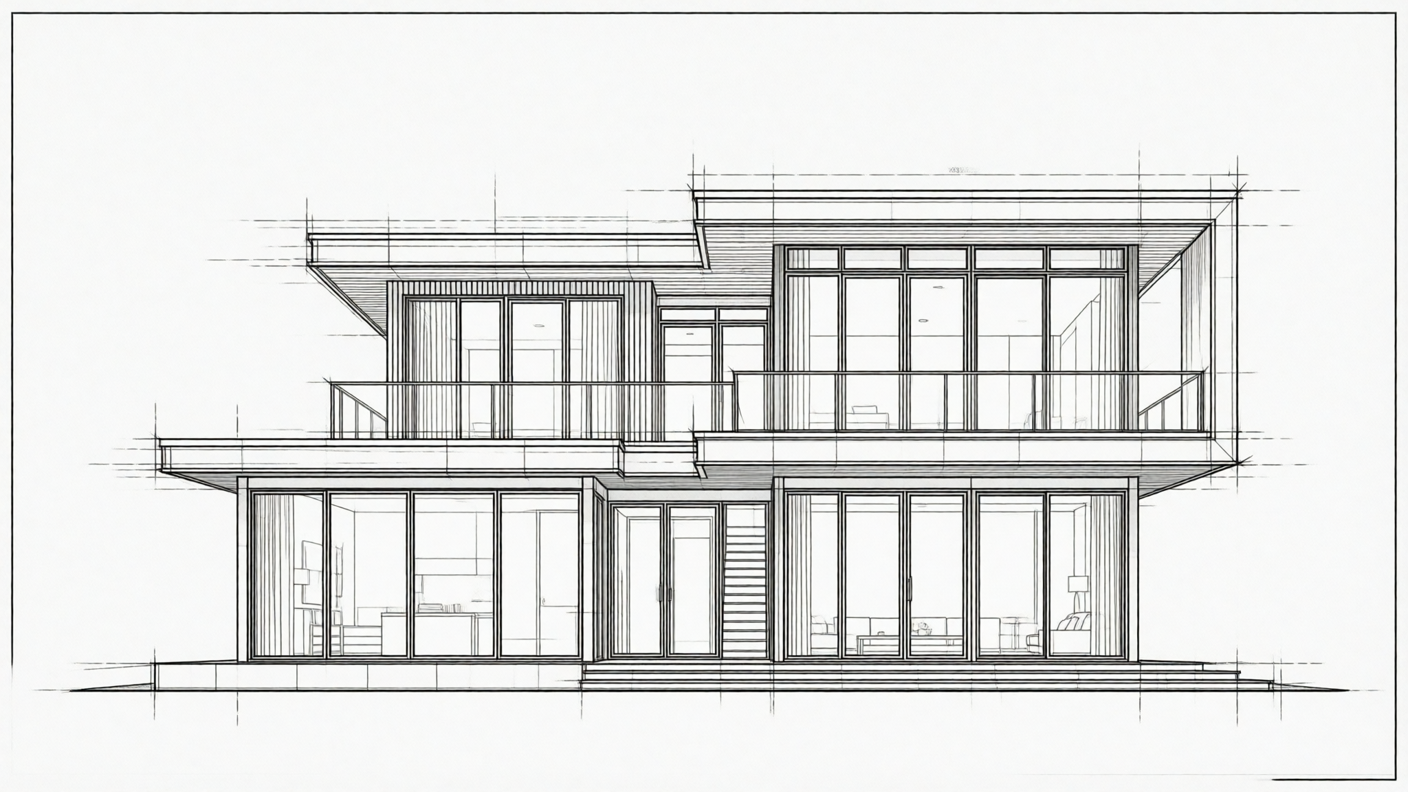 A monochrome architectural CAD drawing of a contemporary two-story house with a flat roof and large glass panels.