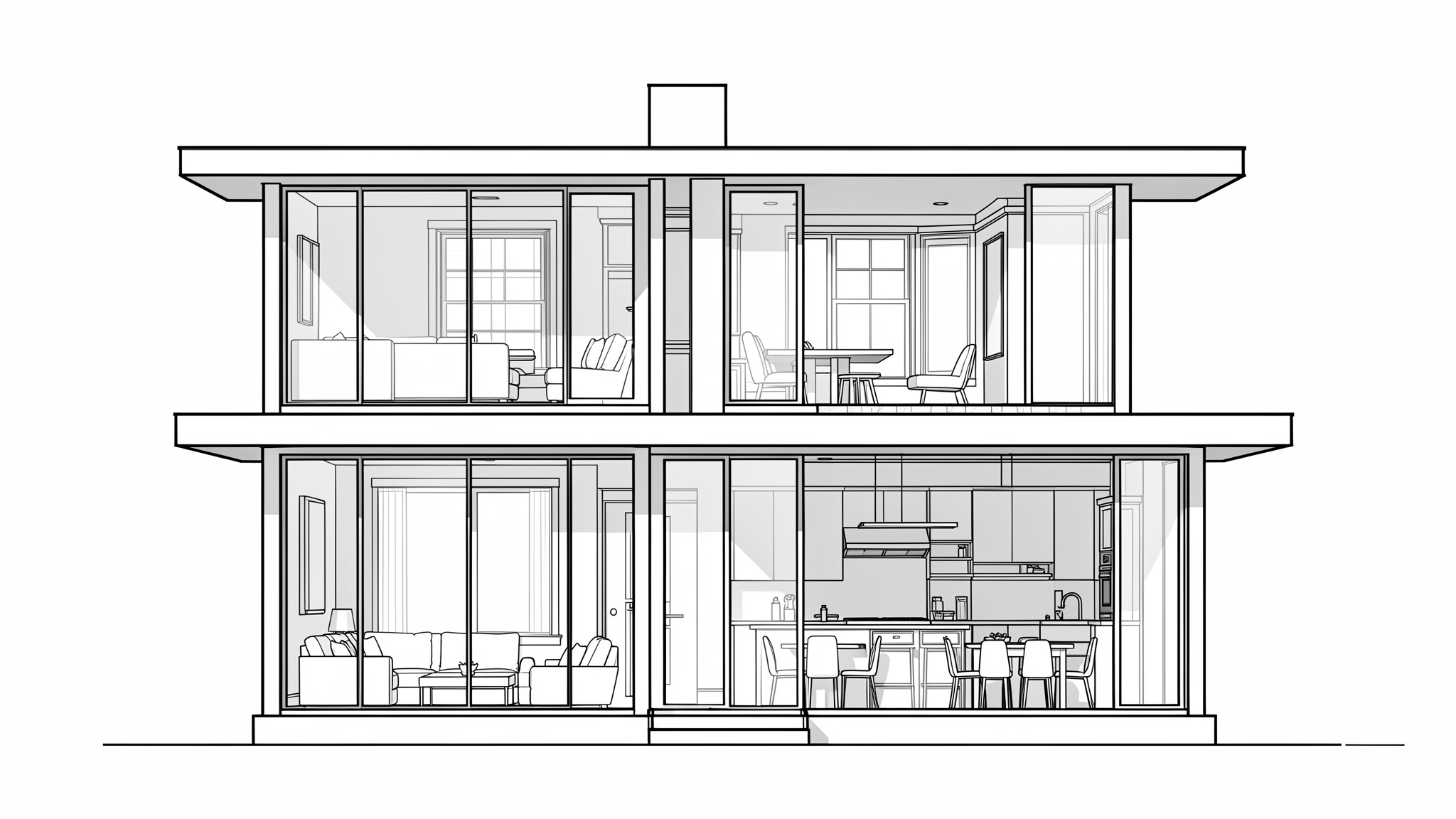 Monochrome architectural CAD drawing of a two-story contemporary house, front elevation, showing interior layouts.