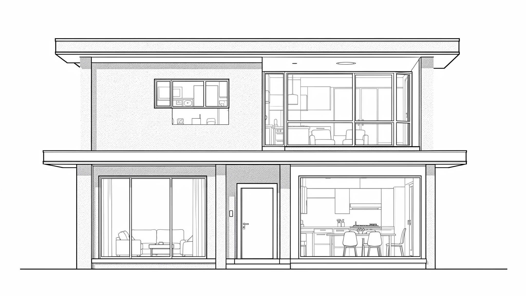 A monochrome architectural CAD drawing of a two-story contemporary house, showing the front elevation with precise black linework on a white background.