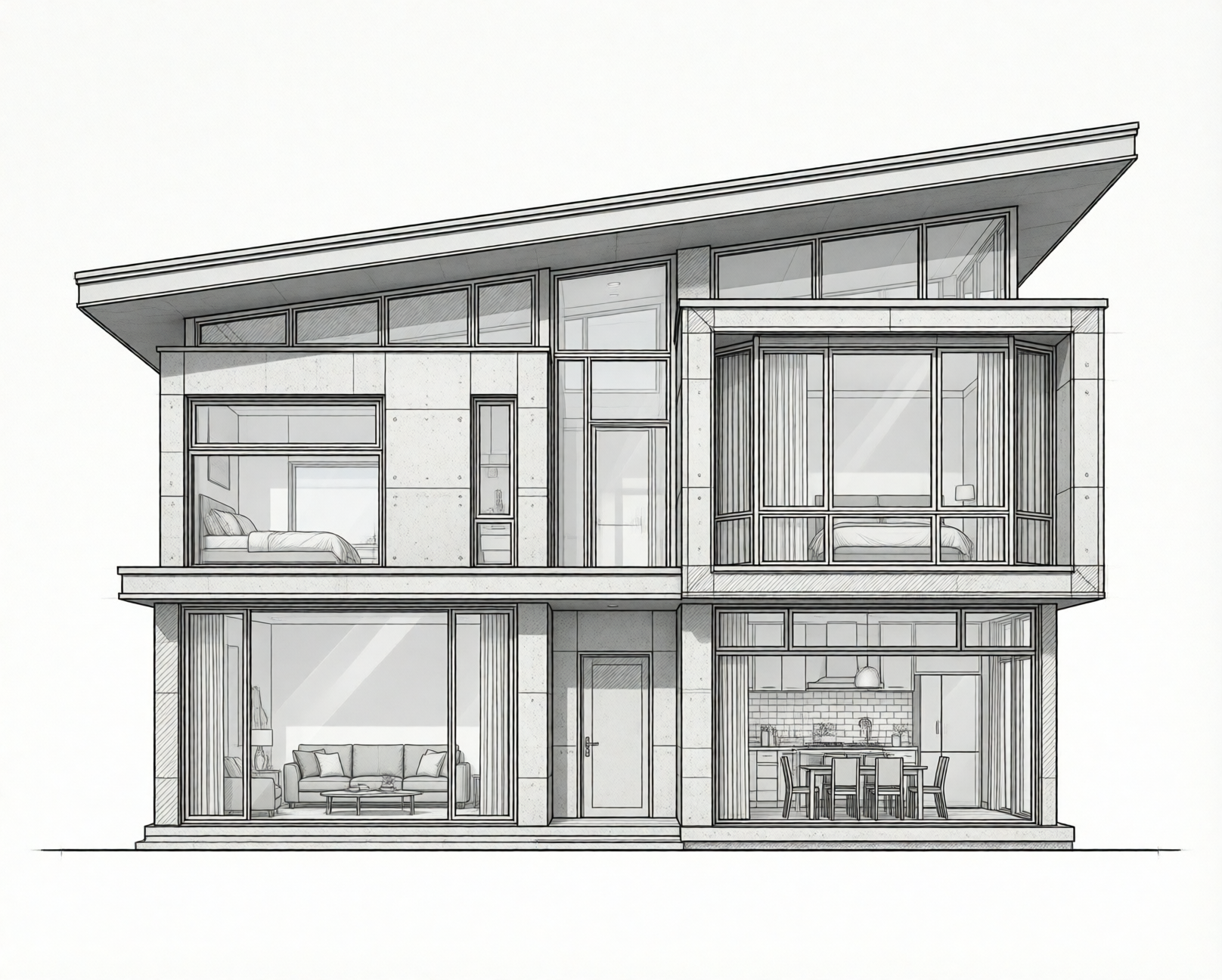 A monochrome architectural blueprint of a two-story contemporary house with a flat roof and cantilevered upper volume, showing interior layouts.