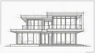 A monochrome architectural CAD drawing of a contemporary two-story house with a flat roof and large glass panels.