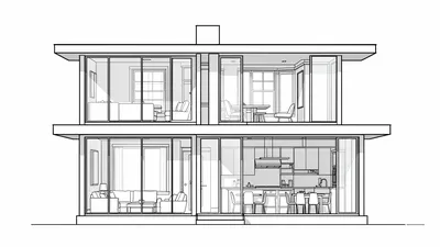 Monochrome architectural CAD drawing of a two-story contemporary house, front elevation, showing interior layouts.