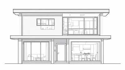 A monochrome architectural CAD drawing of a two-story contemporary house, showing the front elevation with precise black linework on a white background.