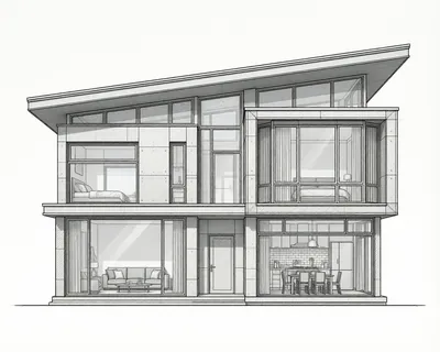 A monochrome architectural blueprint of a two-story contemporary house with a flat roof and cantilevered upper volume, showing interior layouts.