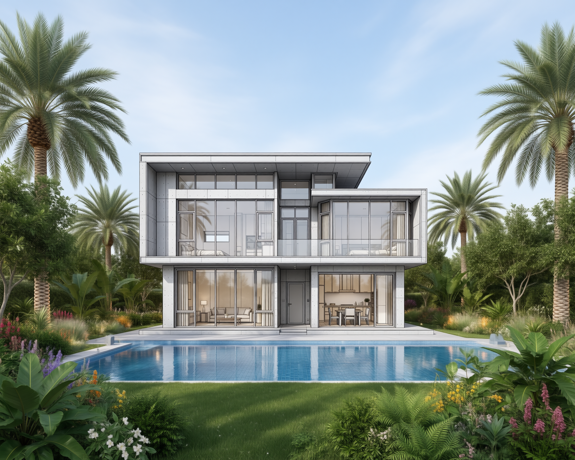 A modern, two-story luxury villa with large glass windows, a private swimming pool, and lush tropical landscaping under a clear sky.
