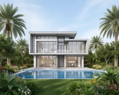 A modern, two-story luxury villa with large glass windows, a private swimming pool, and lush tropical landscaping under a clear sky.