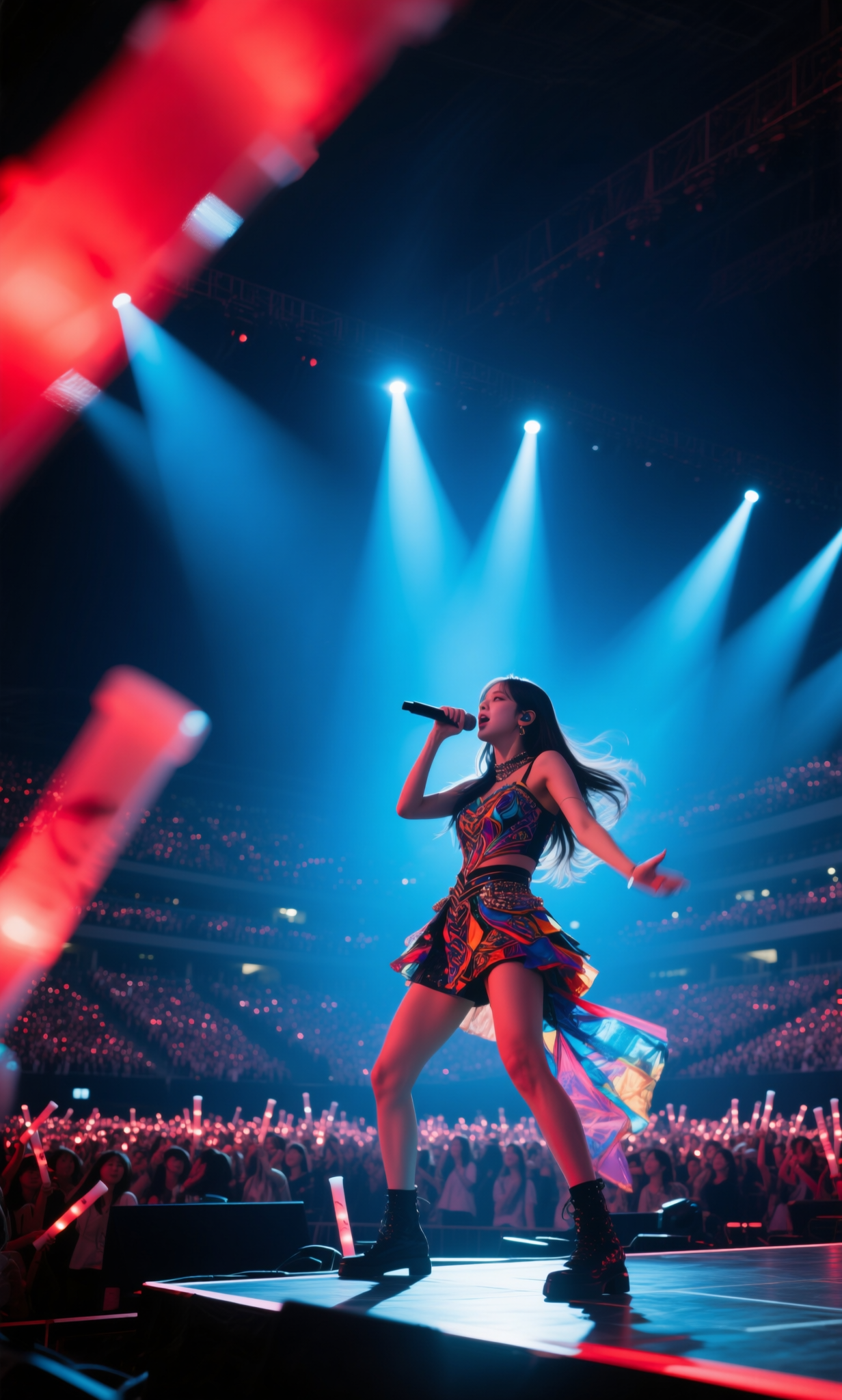 A K-pop female performer sings passionately on a large stage, illuminated by blue and red spotlights, with a vast audience holding light sticks in the background.