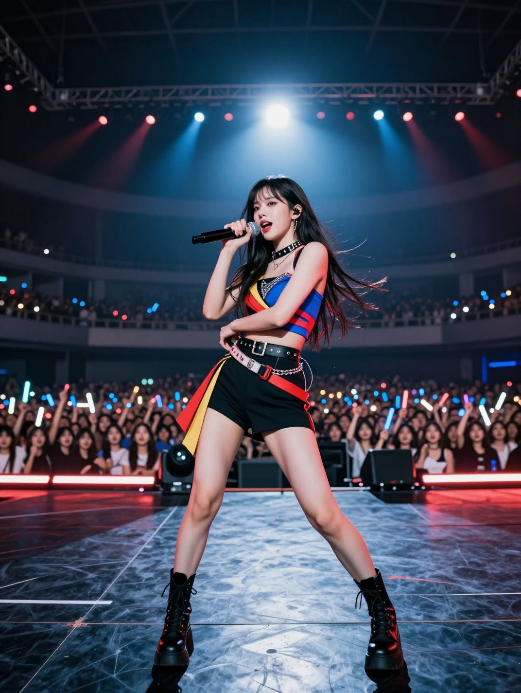 A female K-pop performer in a colorful outfit sings into a microphone on a brightly lit stage, with a large audience holding light sticks in the background.