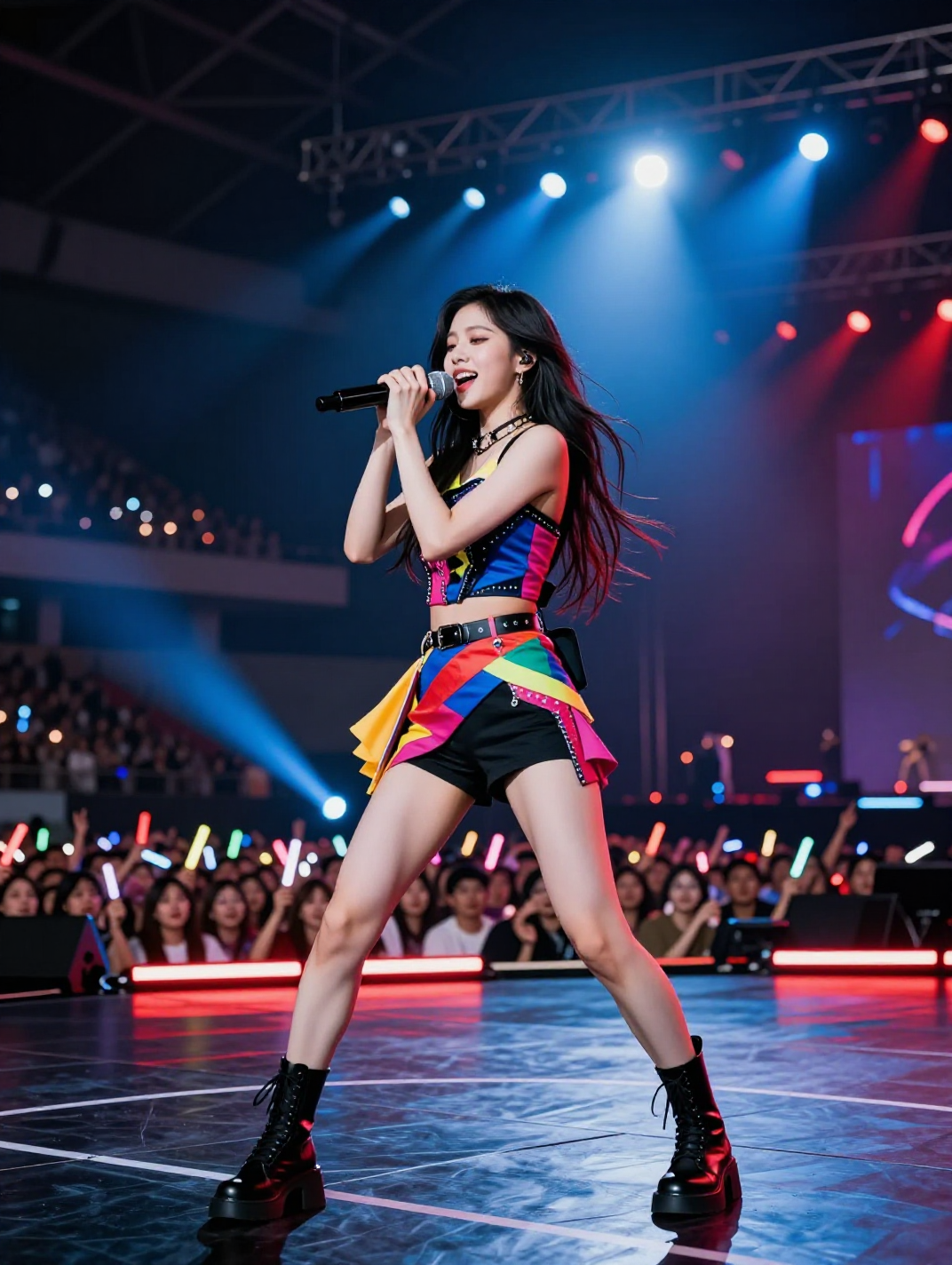 A female K-pop idol in a colorful outfit sings passionately on a brightly lit stage, with a large audience holding light sticks in the background.