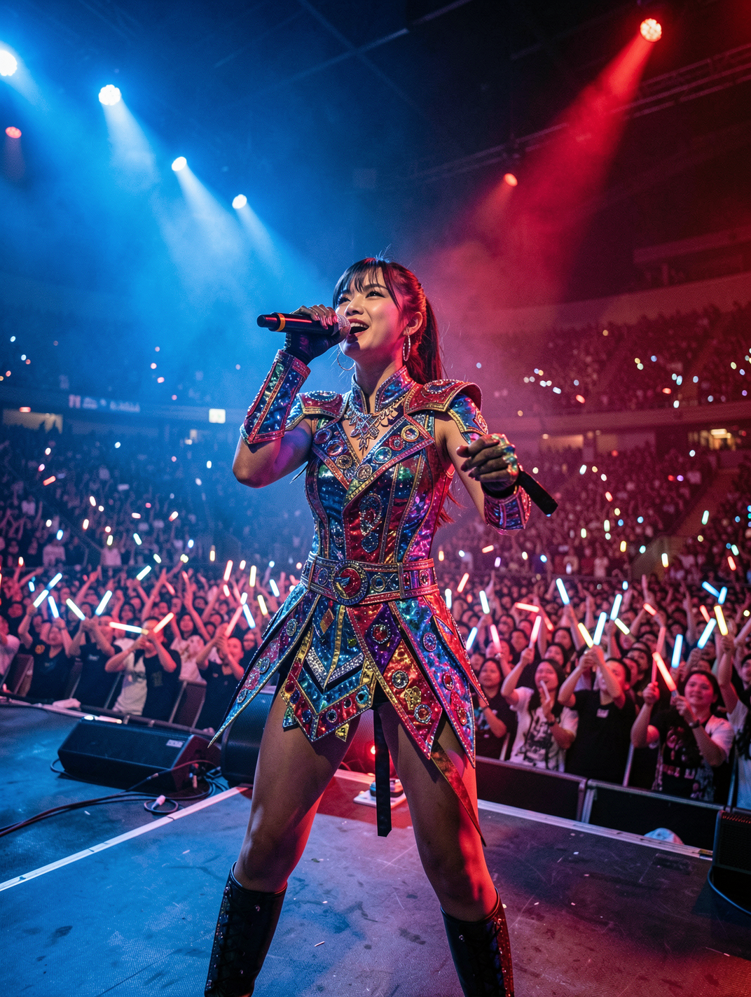 A female K-pop performer in a colorful, ornate costume sings into a microphone on stage, illuminated by red and blue lights, with a large audience holding light sticks in the background.
