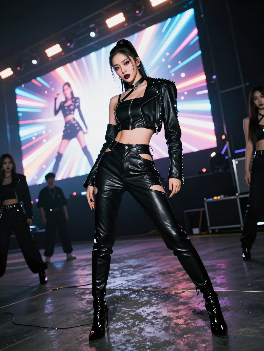 A female K-pop idol in a black leather outfit poses confidently on a stage with a vibrant LED screen backdrop.