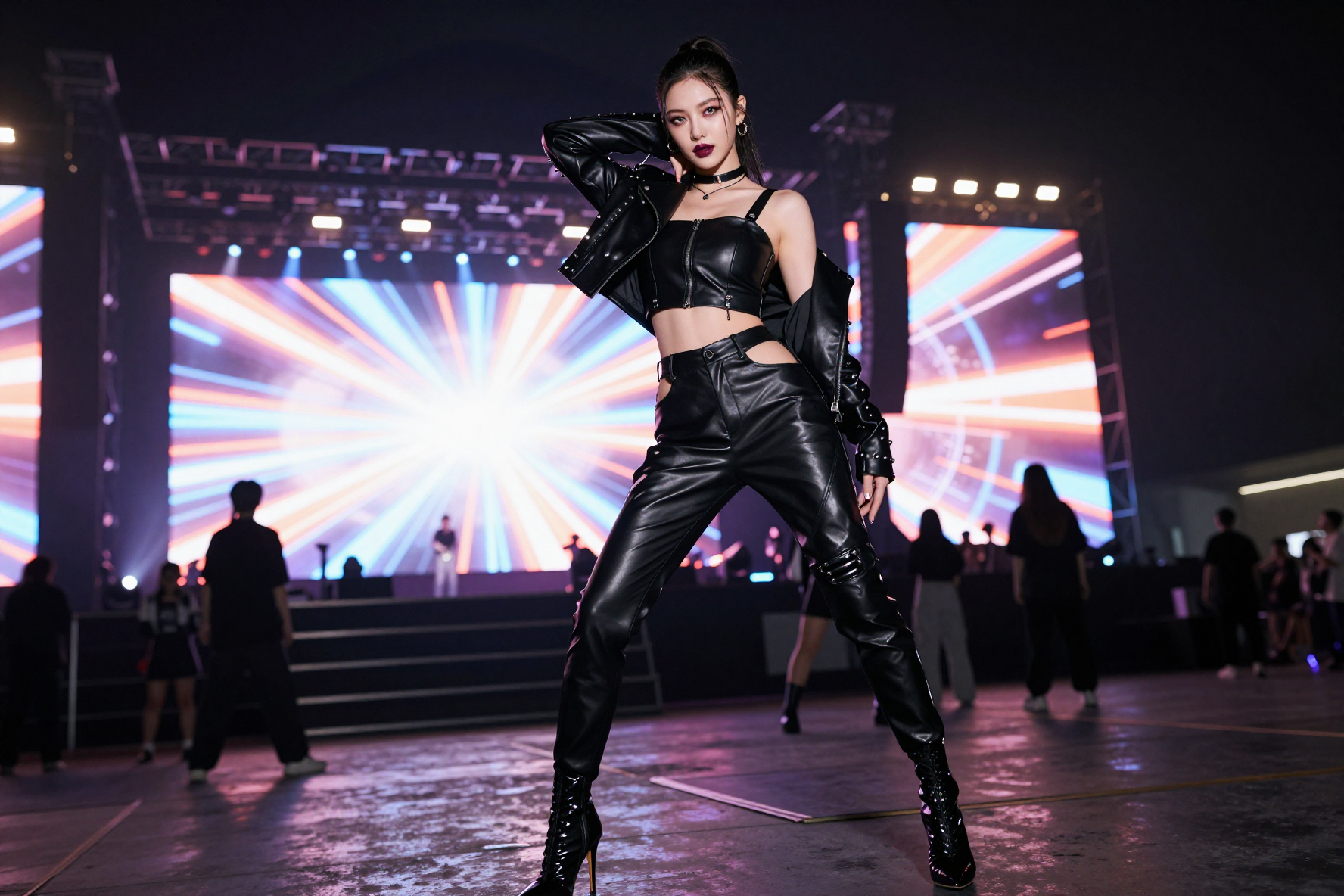 A female K-pop idol in a black leather outfit poses confidently on a concert stage with bright, abstract neon visuals on large LED screens in the background.