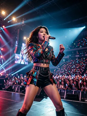 A female K-pop performer sings passionately on a brightly lit stage, wearing a colorful, detailed costume, with a large crowd holding light sticks in the background.