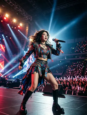 A female K-pop performer in a vibrant costume sings on a brightly lit stage, with a large audience holding light sticks in the background.