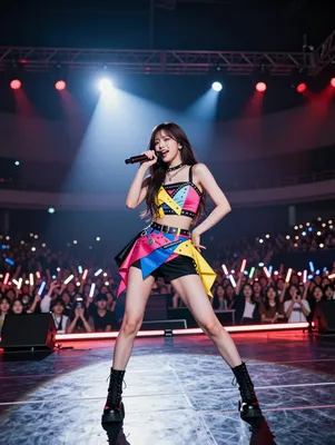 A female K-pop performer in a colorful costume sings into a microphone on a brightly lit stage, with a large audience holding light sticks in the background.
