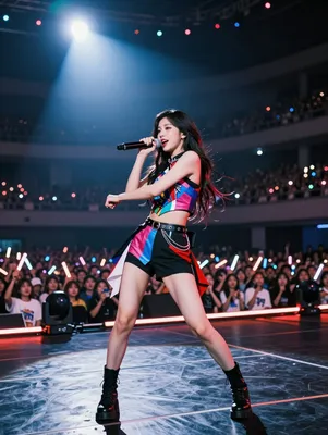 A female K-pop idol in a colorful outfit sings passionately into a microphone on a brightly lit stage, with a blurred audience holding light sticks in the background.