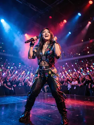 A K-pop female performer on a concert stage, singing into a microphone, with a vibrant, embellished costume and a crowd of fans holding light sticks in the background.