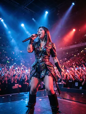 A female K-pop performer sings passionately on a stage, illuminated by blue and red lights, with a large crowd of fans holding up lights in the background.