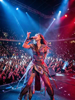 A female K-pop performer in a vibrant, ornate costume sings passionately on stage, illuminated by blue and red lights, with a large crowd holding light sticks in the background.